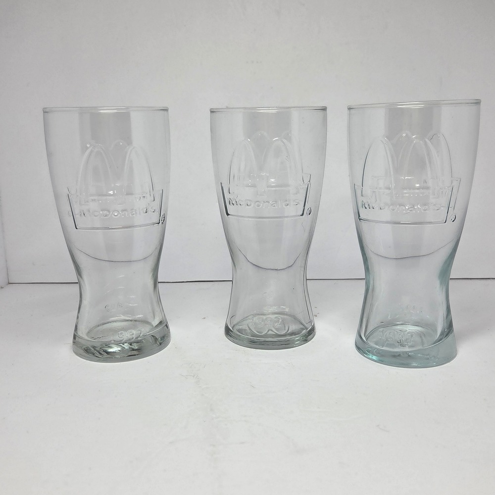 Vintage 1992 McDonalds Embossed Glass Tumblers Set of 3 Clear Golden Arches 6in